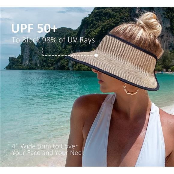 New Sun Visor Hat for Women Summer Ponytail Foldable Straw Beach Hat UPF‎ 50+ - Picture 3 of 6